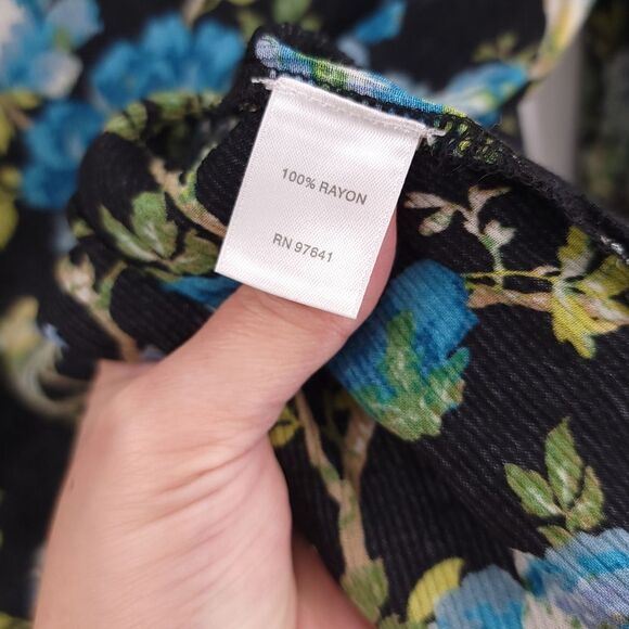 J. Jill Floral Blouse Tie Sleeve Textured Rayon Top Black Blue Career Work Large - Picture 9 of 12